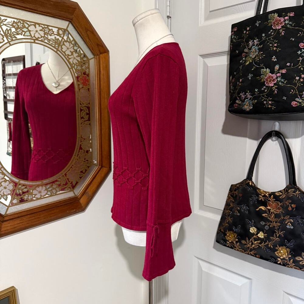VTG Y2K Giorgio Fiorlini Dark Red Long Bell Sleeve Braided Ribbed Sweater Top S - Picture 4 of 8